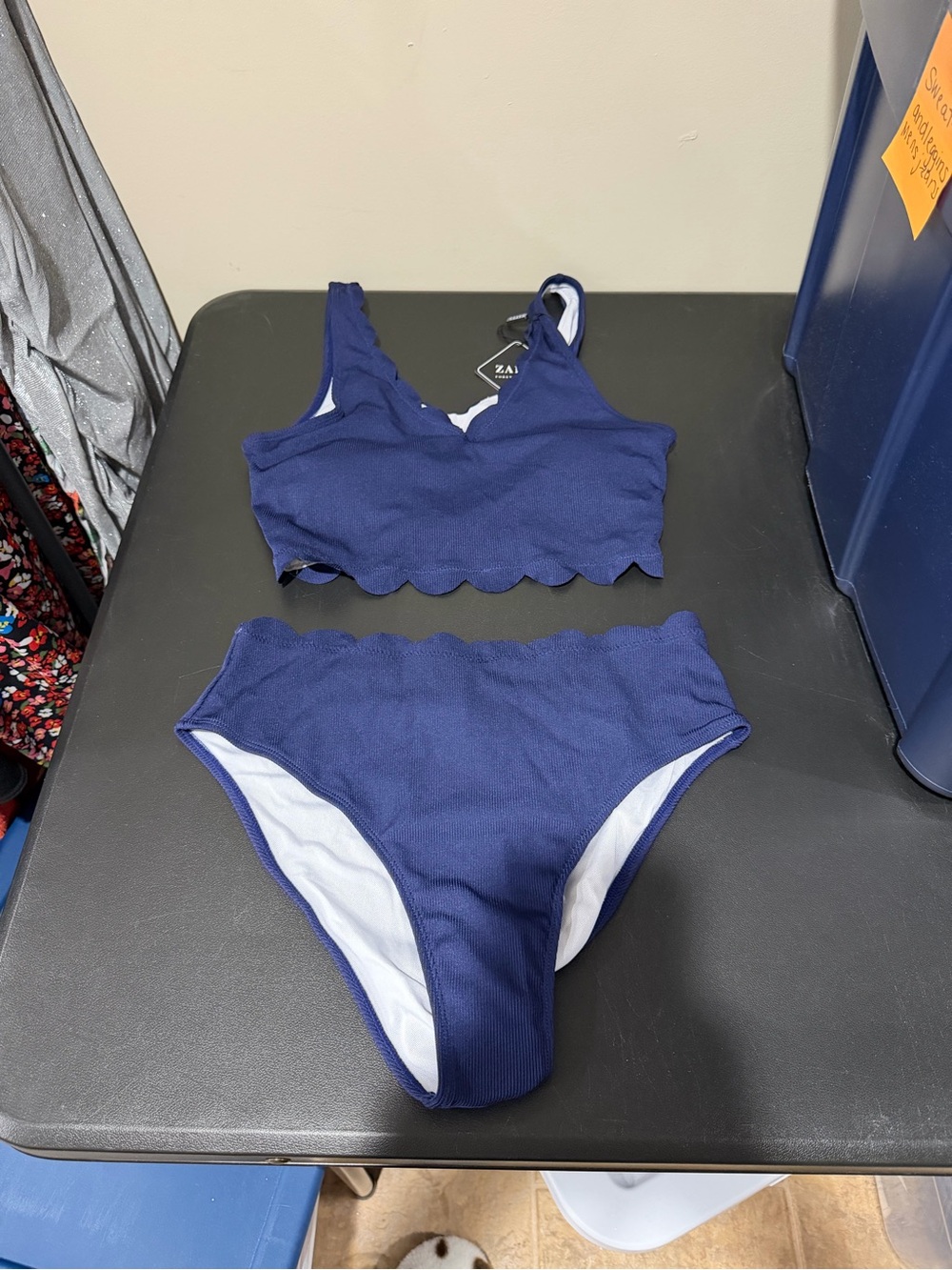 Zaful Navy and White Scalloped Swim Top